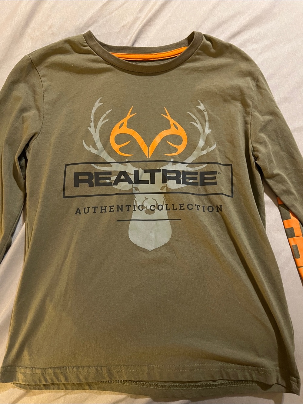 Boys Medium, 10-12, Realtree Olive Green Long Sleeve Tee with Orange Antler Logo